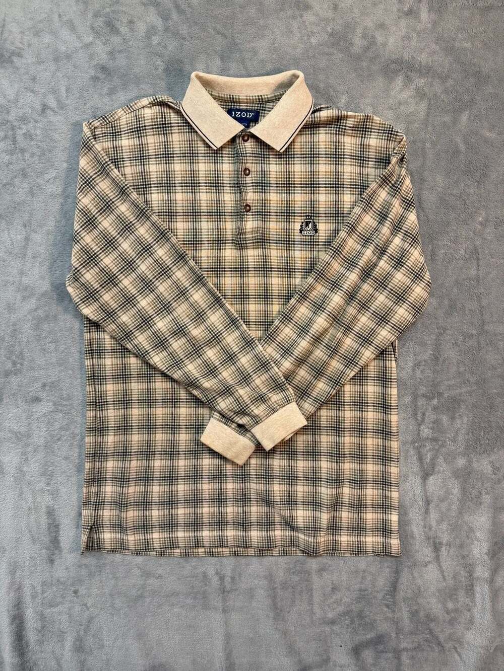IZOD Men's Plaid Long Sleeve Polo Shirt Size Medium Beige 100% Cotton